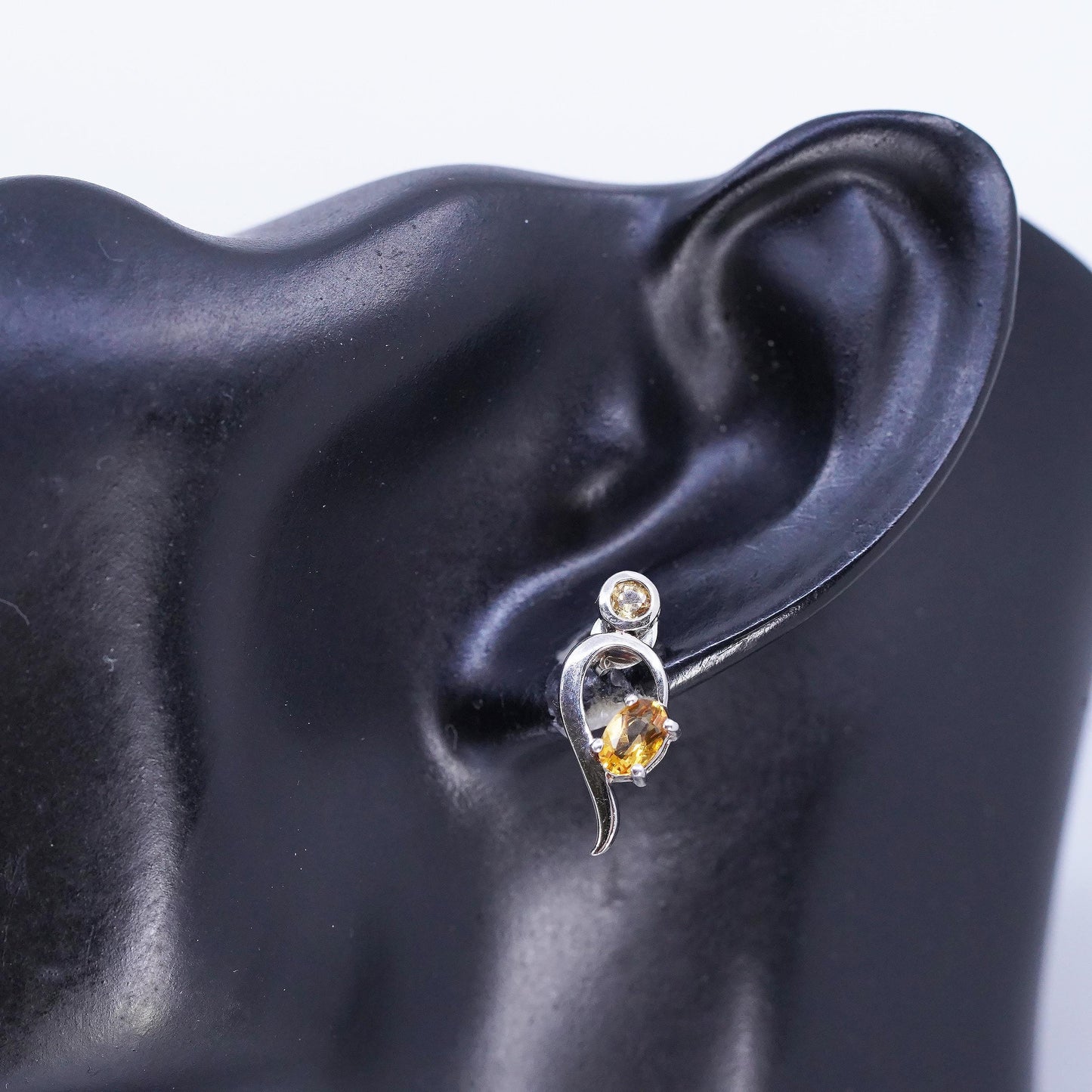 Vintage minimalist Modern wave Sterling Silver Earrings, 925 Studs citrine