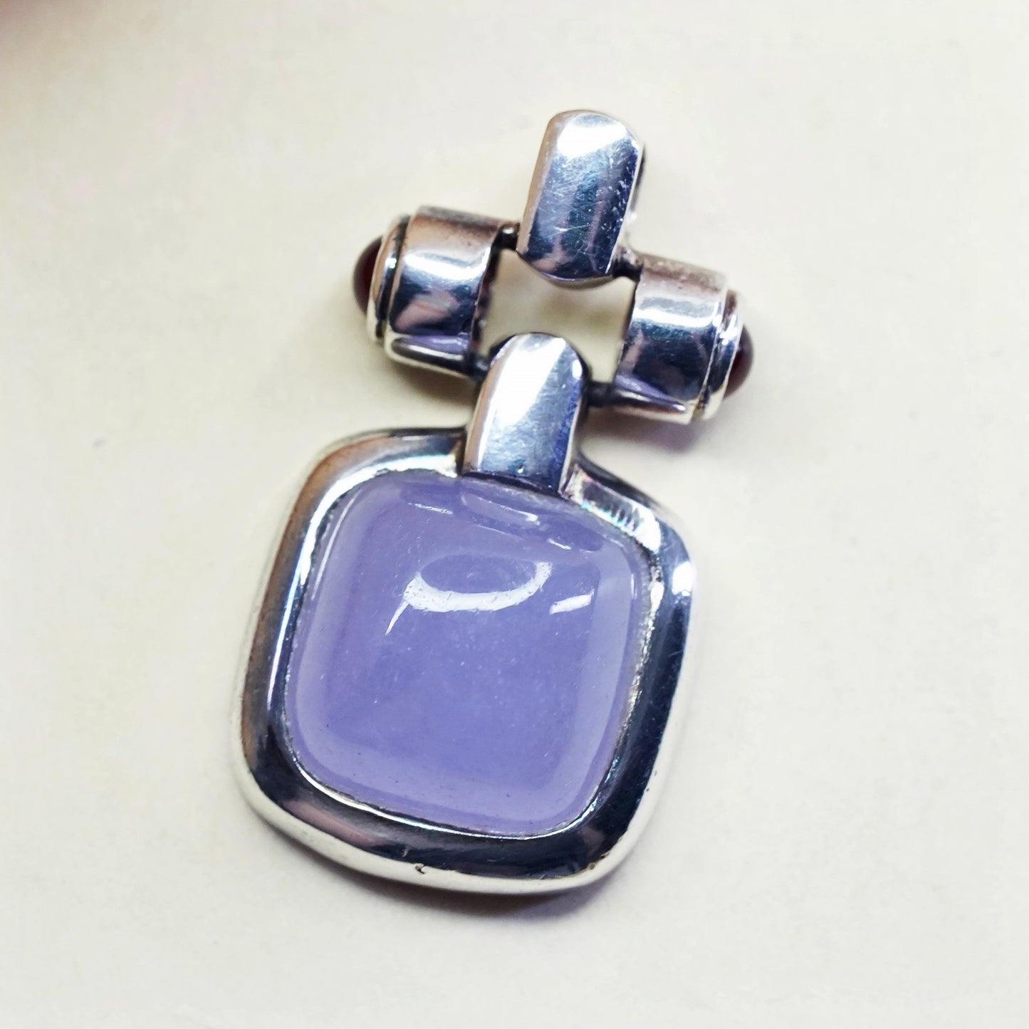Vintage sterling 925 silver handmade square pendant with purple jade