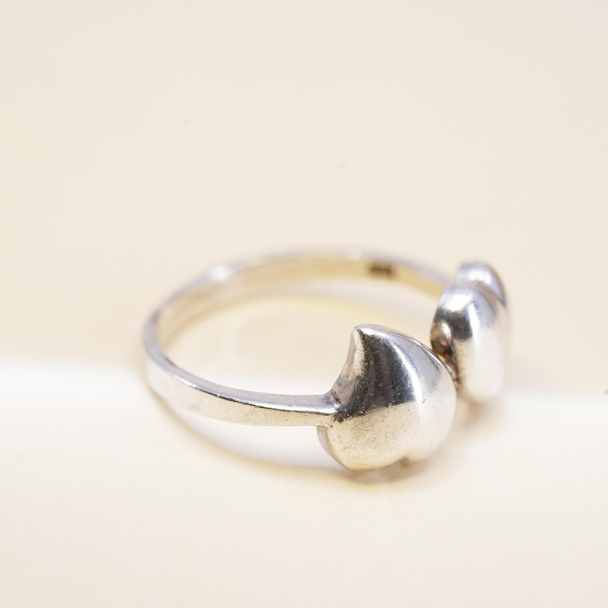 Size 6, Vintage sterling silver handmade ring, 925 double heart band