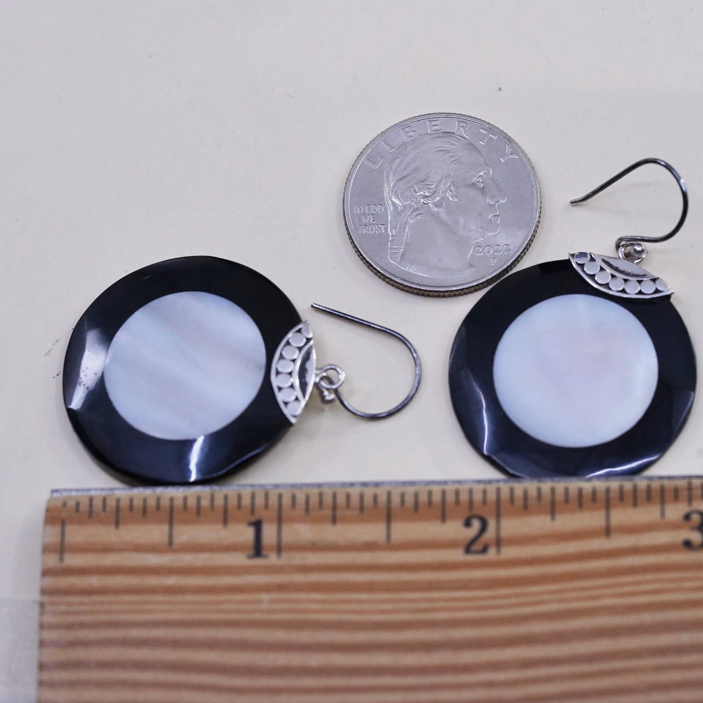 Vintage sterling silver handmade earrings, two tone mother of pearl round drops