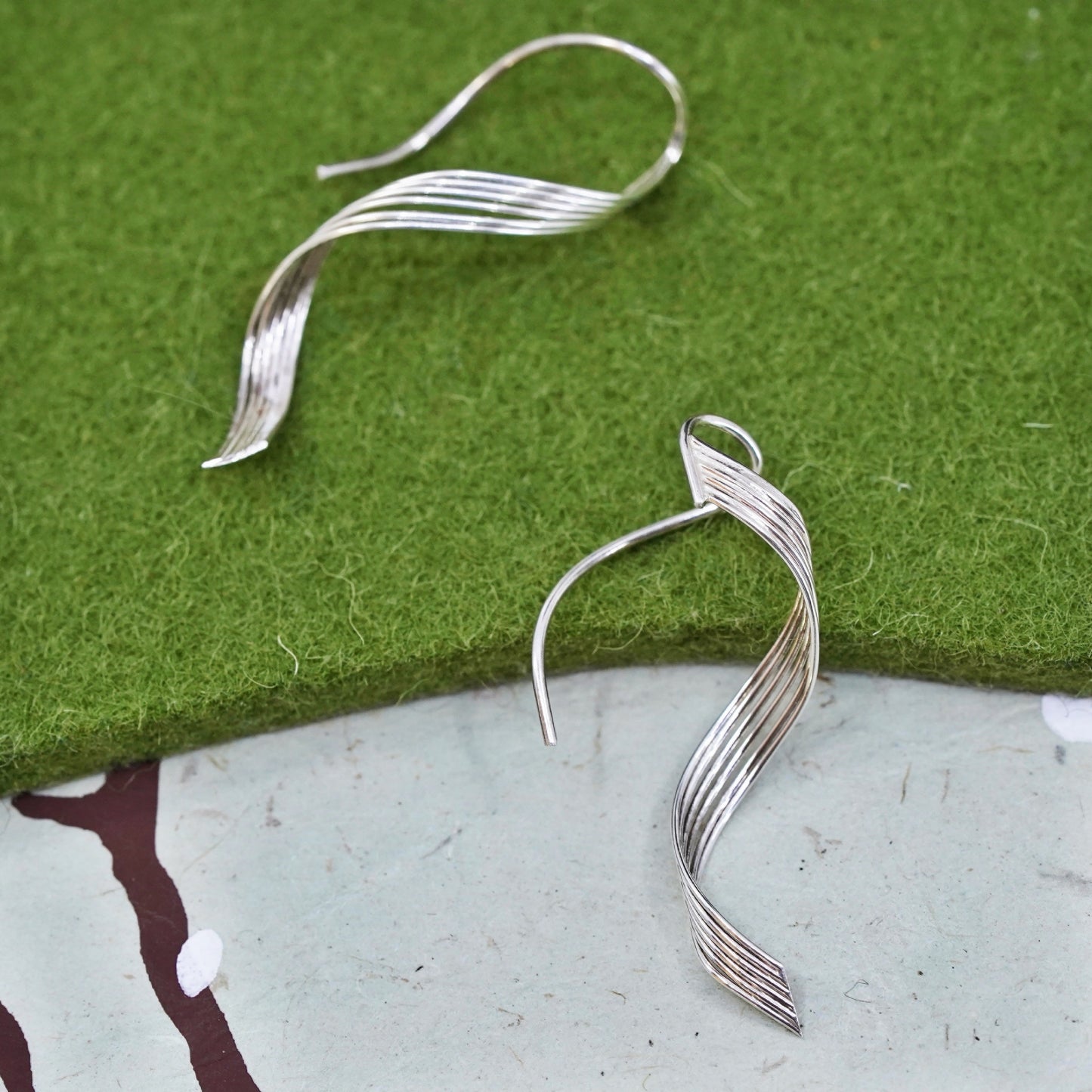Vintage sterling silver handmade earrings, 925 twisted dangles, silver tested