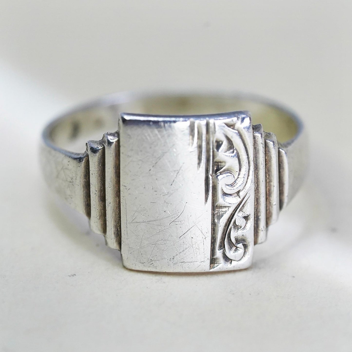 Size 9.5, Vintage Sterling Silver Signet Ring, Art Deco Engraved Ring, Unisex