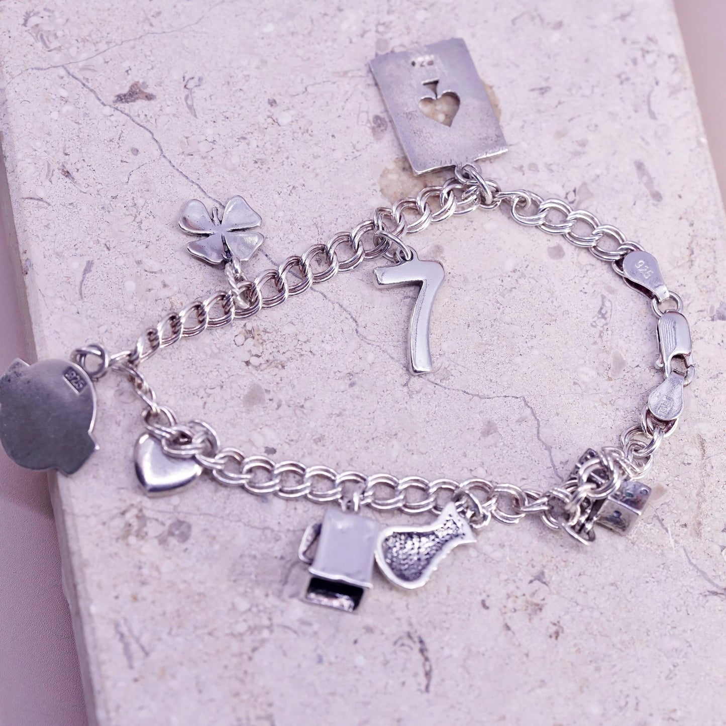 8", Sterling silver bracelet, 925 double curb chain slot dice money bag heart