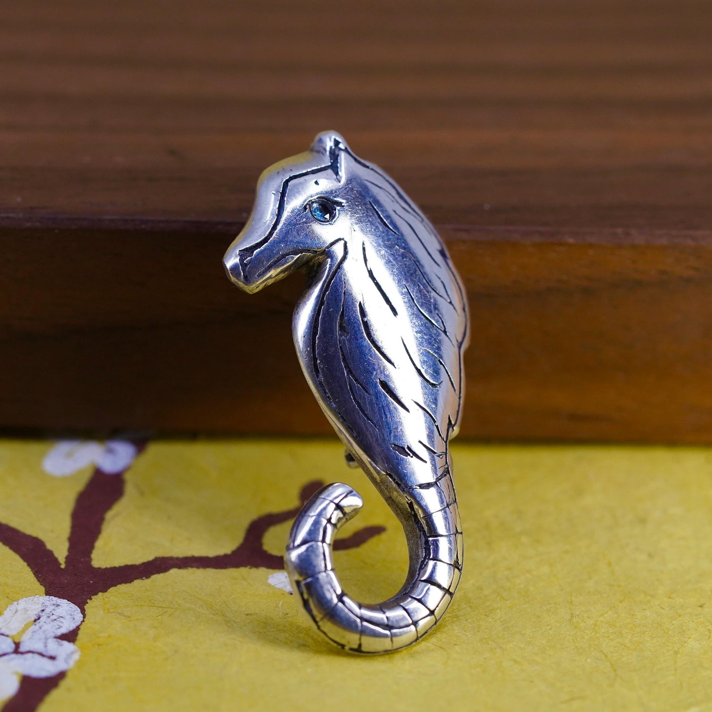 Vintage handmade sterling 925 silver seahorse brooch pin with blue topaz eye