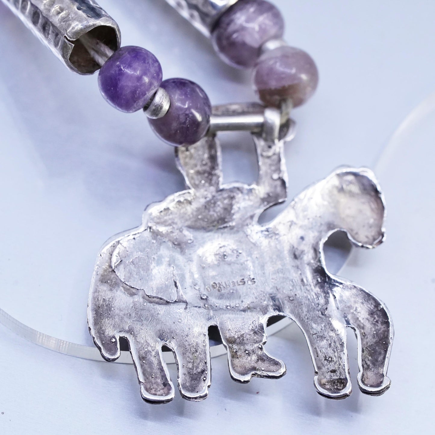20", Mexican Aztec Sterling 925 silver necklace amethyst tube horse pendant