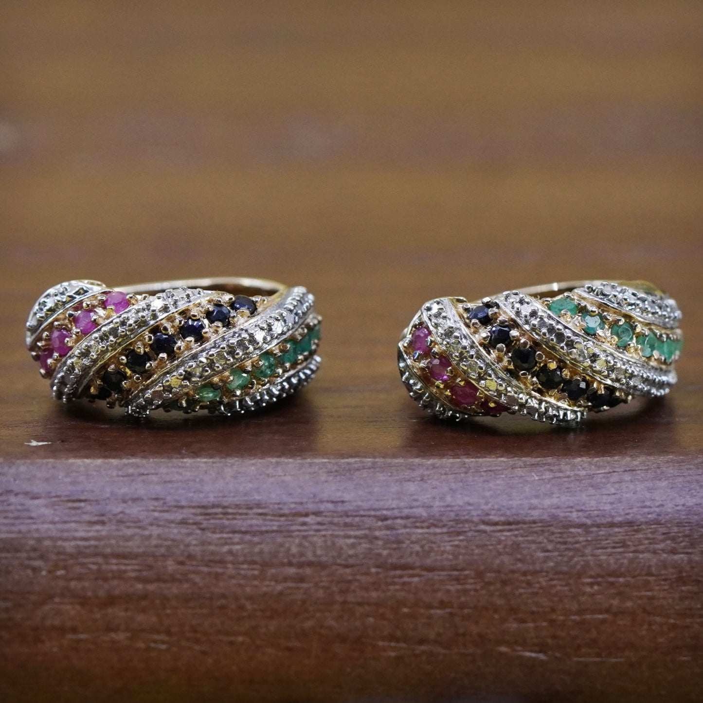 0.75”, vermeil gold Sterling silver earrings, 925 huggie ruby sapphire emerald