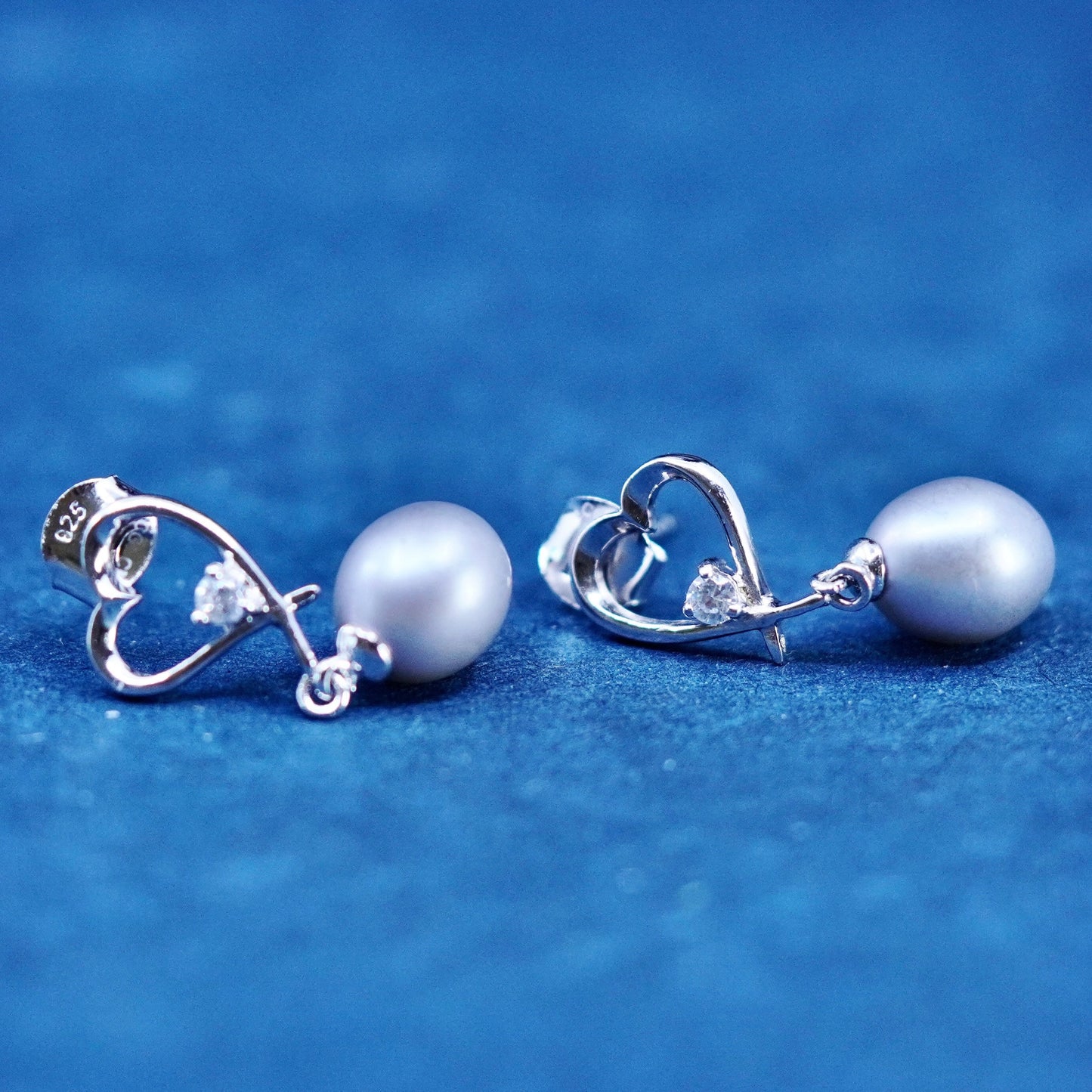 Vintage sterling silver handmade earrings, 925 heart studs with pearl