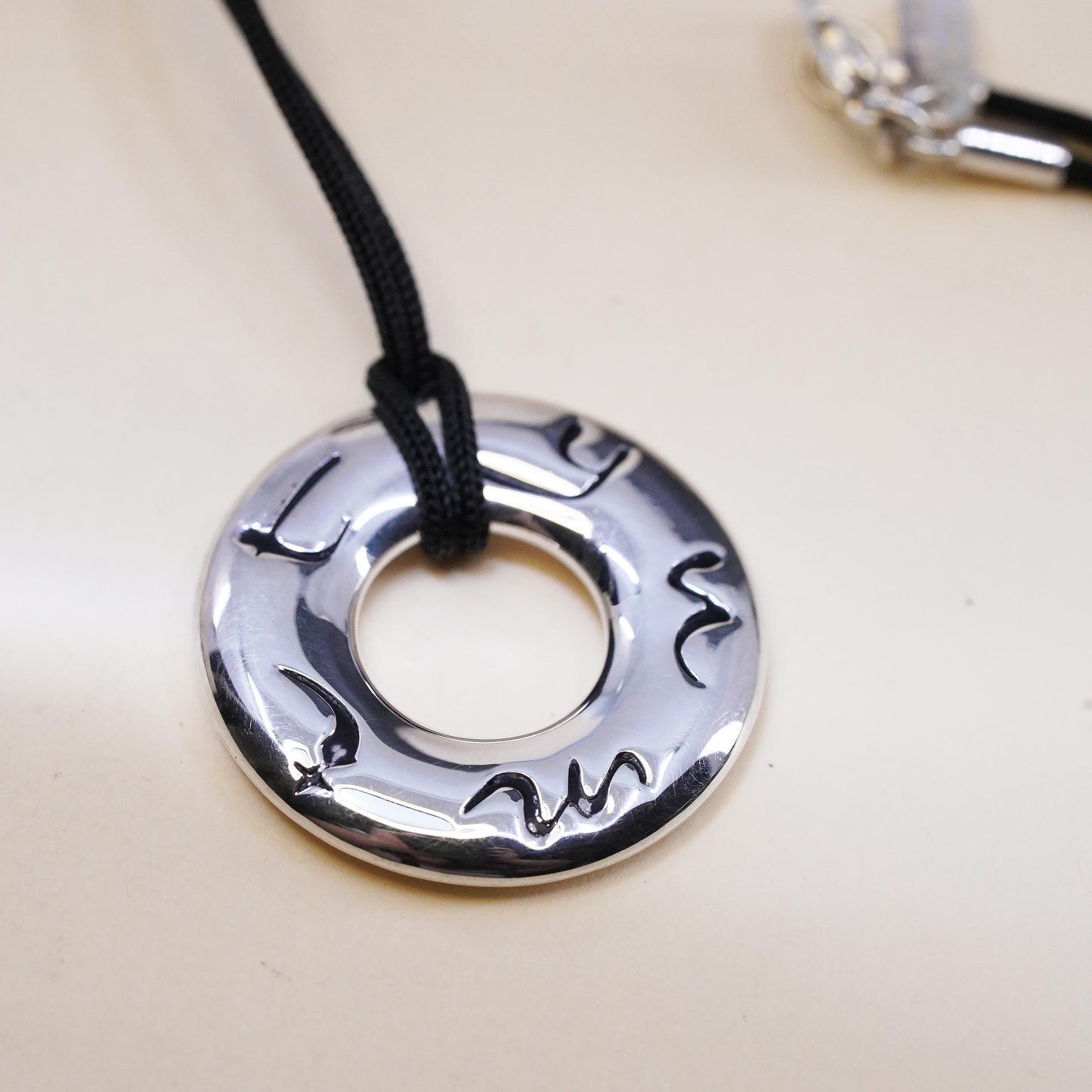 16”, BJ Sterling Silver 925 Donut Pendant Necklace, Circle Pendant Linen Cord
