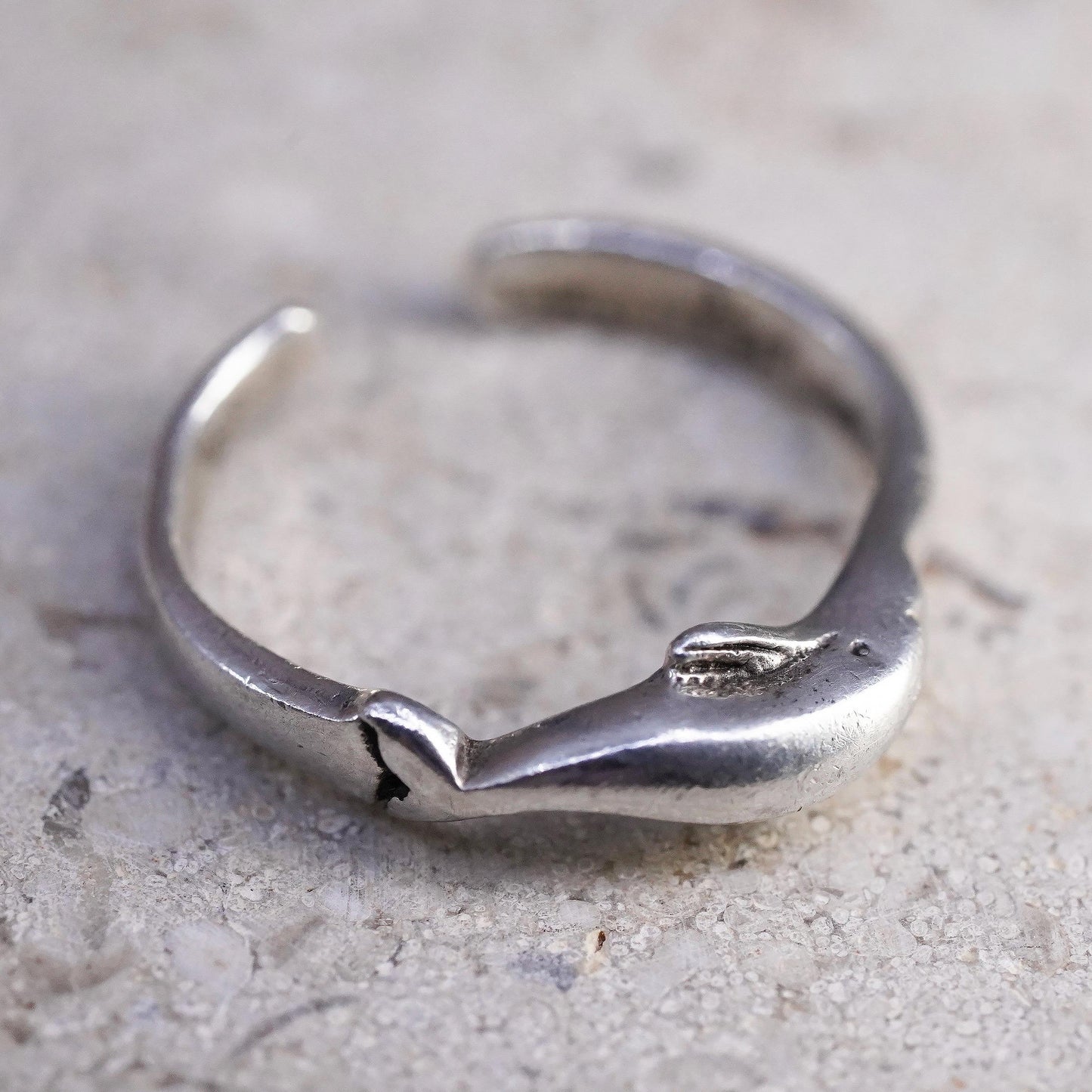 Size 2, vintage sterling silver handmade ring, 925 dolphin open band