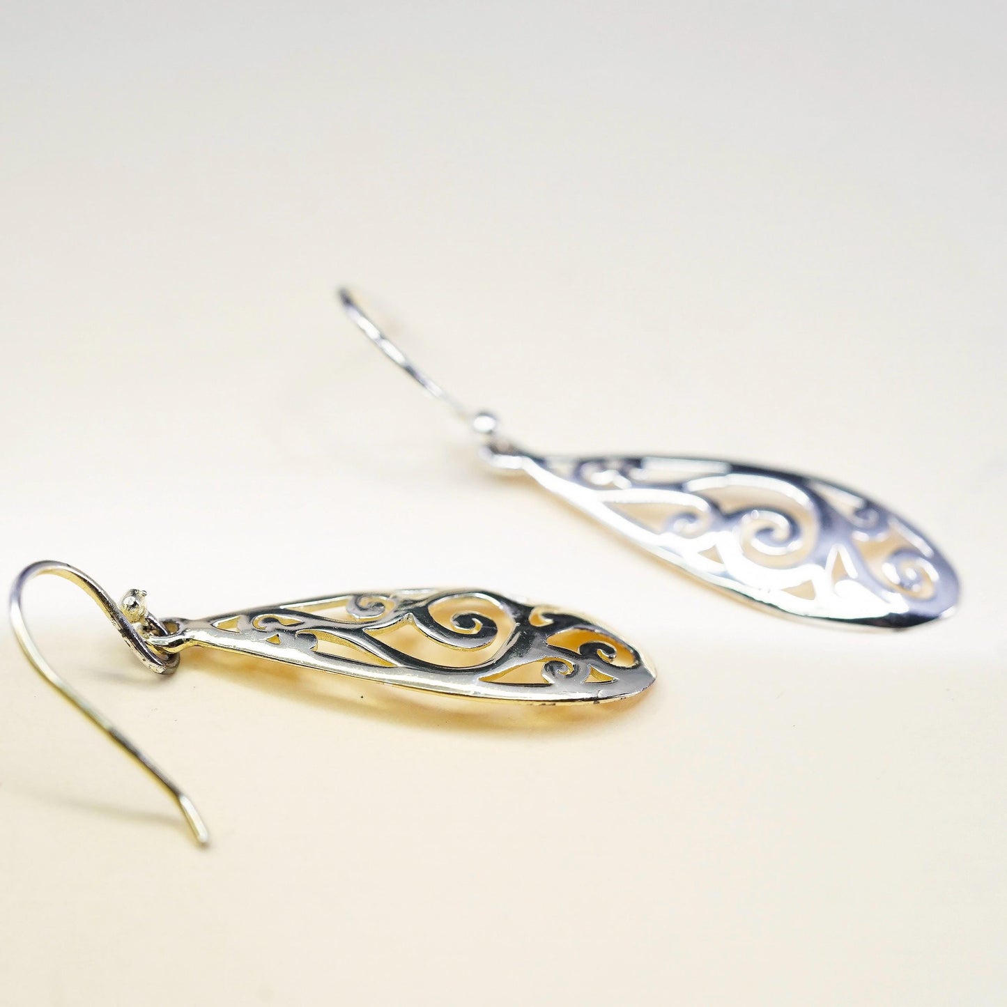 Vintage two tone sterling silver handmade earrings, 925 filigree teardrops