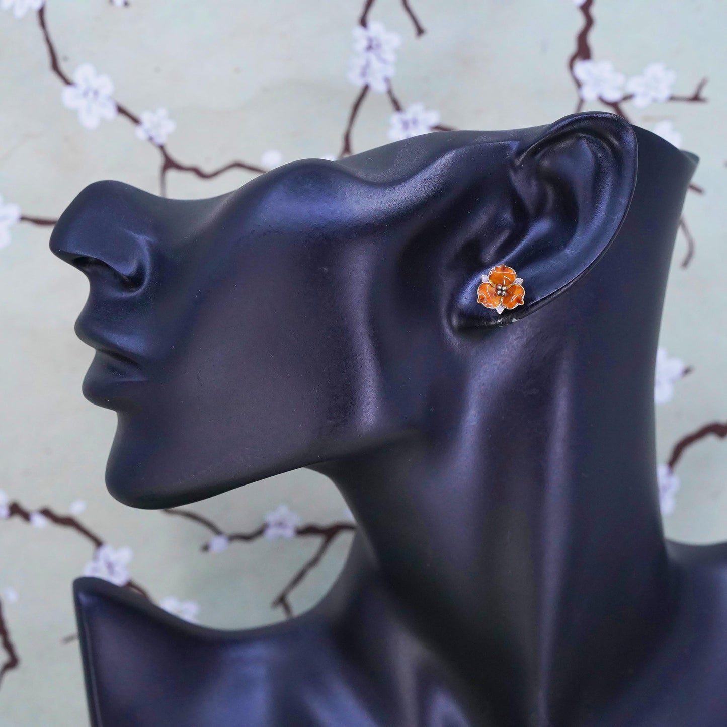 vermeil gold over Sterling silver earrings, 925 flower studs with orange enamel