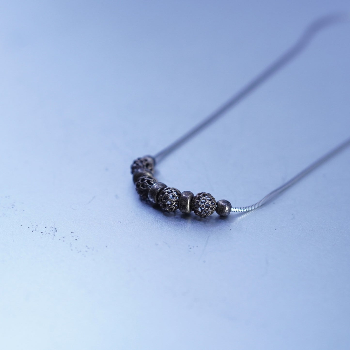 20”, Sterling 925 silver handmade snake necklace with textured bead pendant