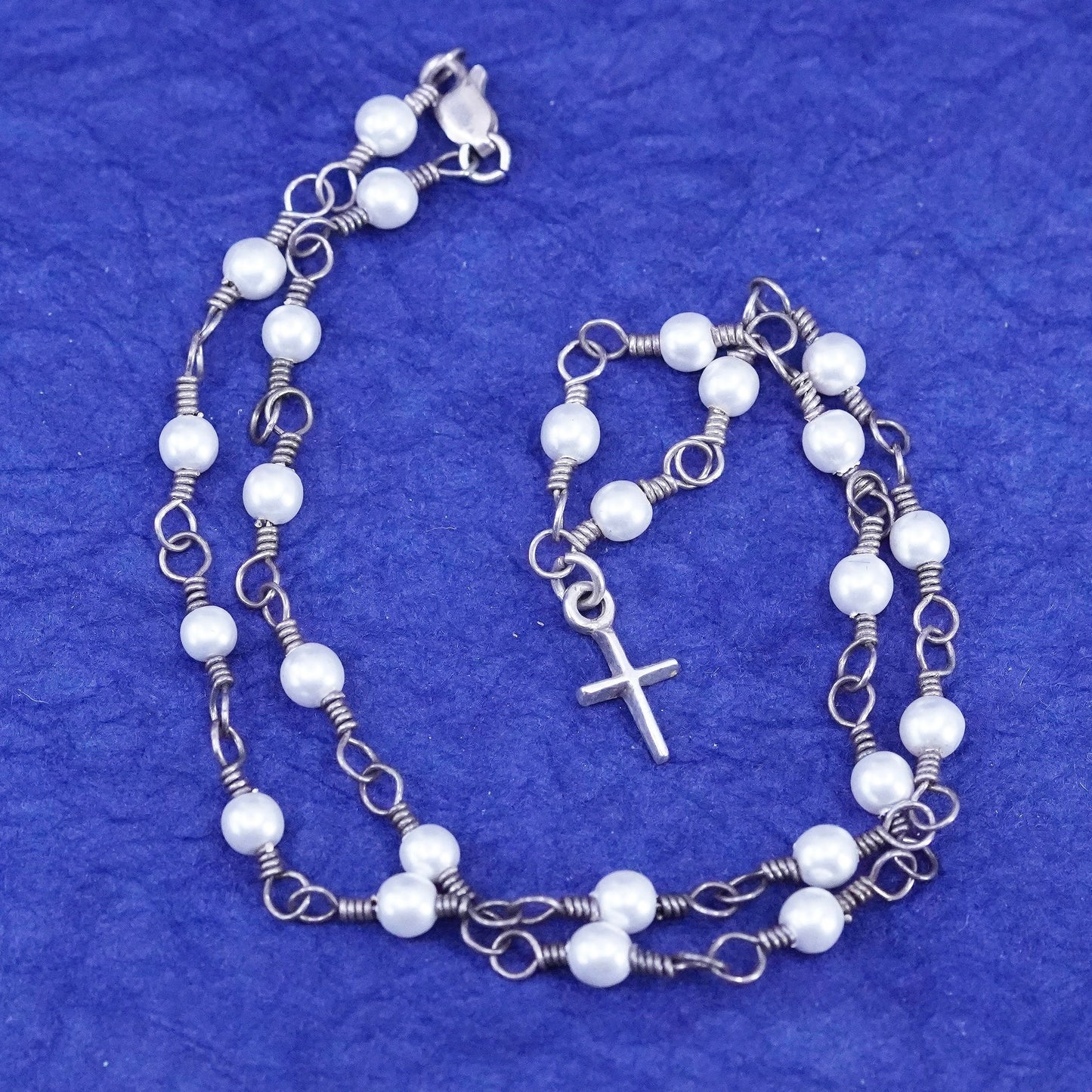 14”, sterling silver handmade necklace, 925 chain with pearl and cross charm