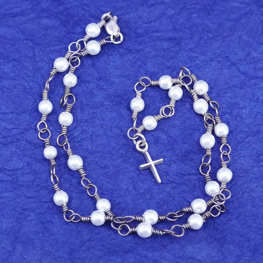 14”, sterling silver handmade necklace, 925 chain with pearl and cross charm