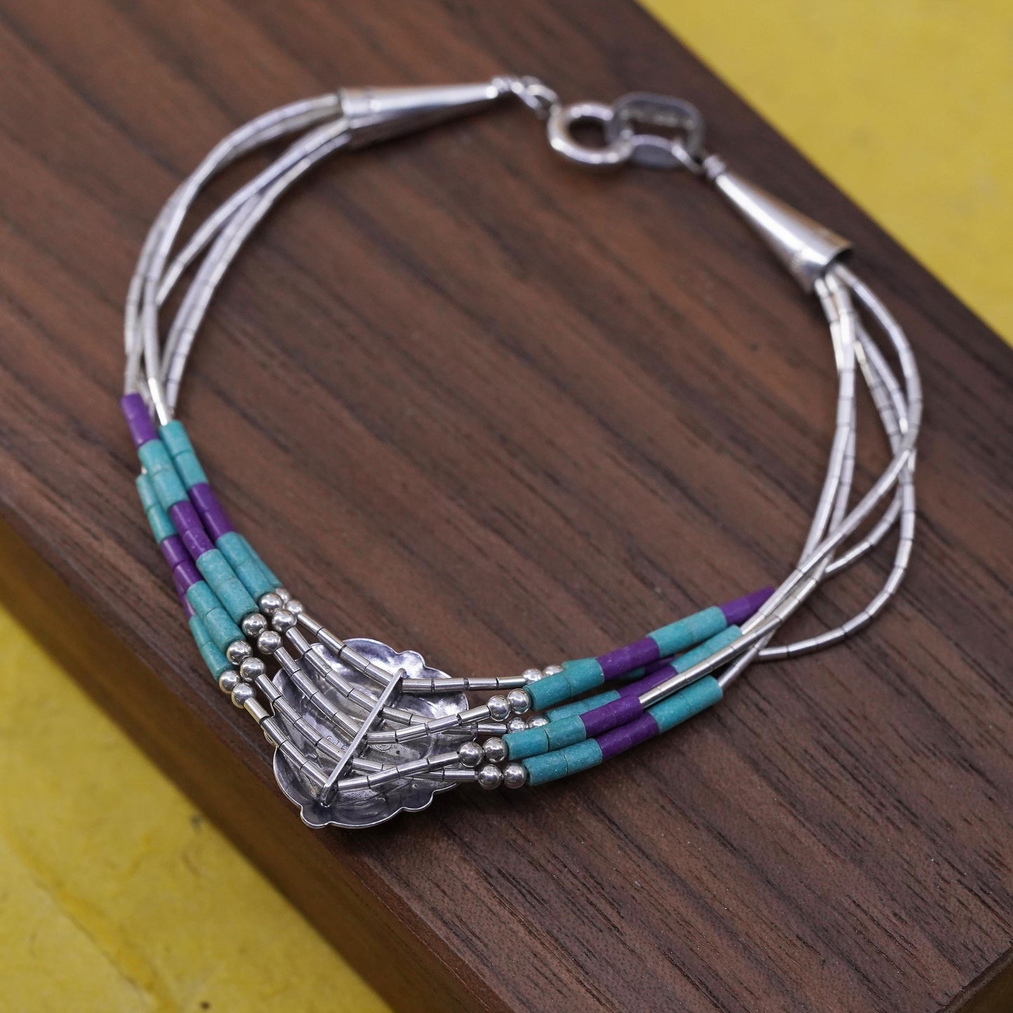 6.75”, 925 bracelet, 5 multi strands liquid Silver chain with turquoise heart