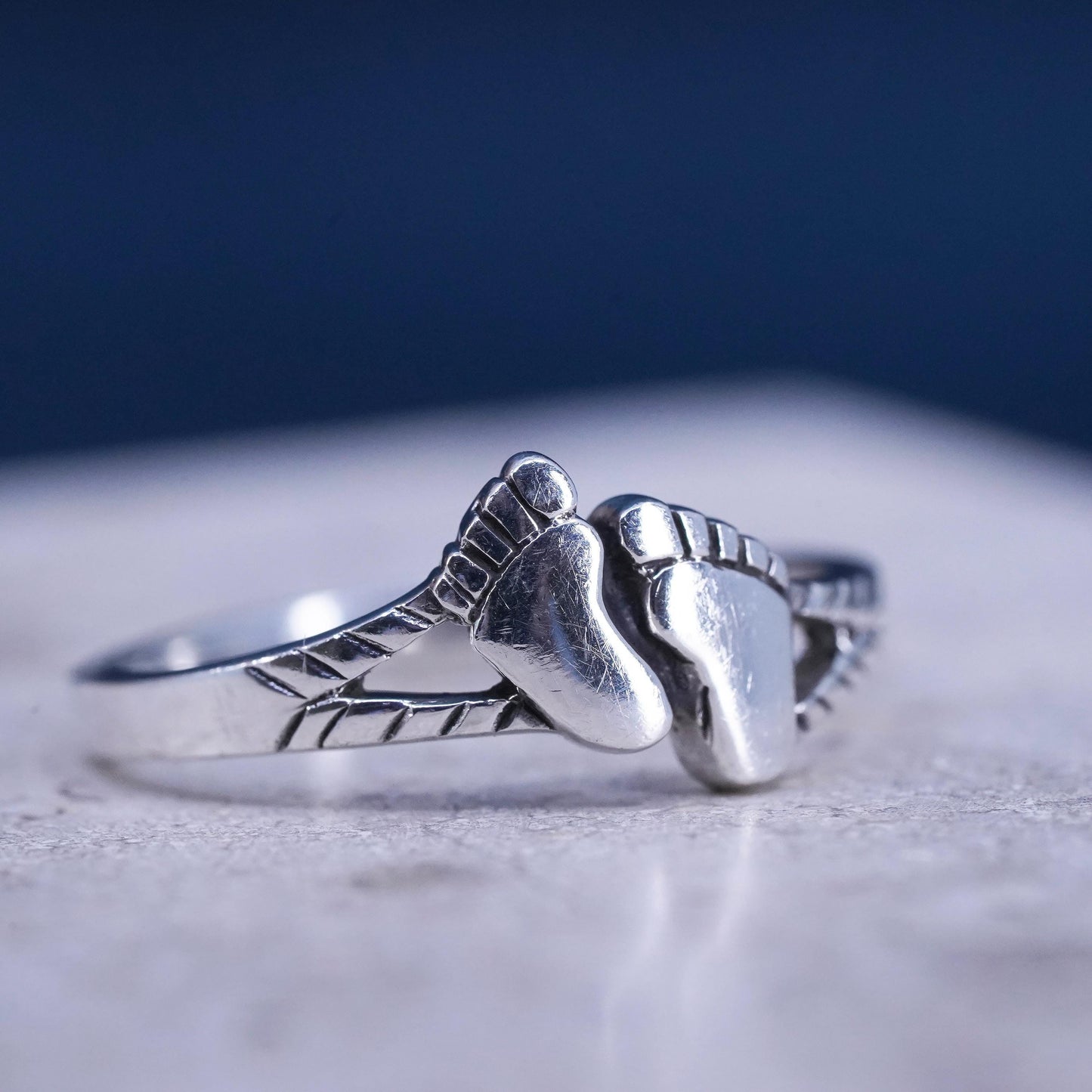 Size 6, vintage Sterling silver handmade band, 925 band with baby footprint