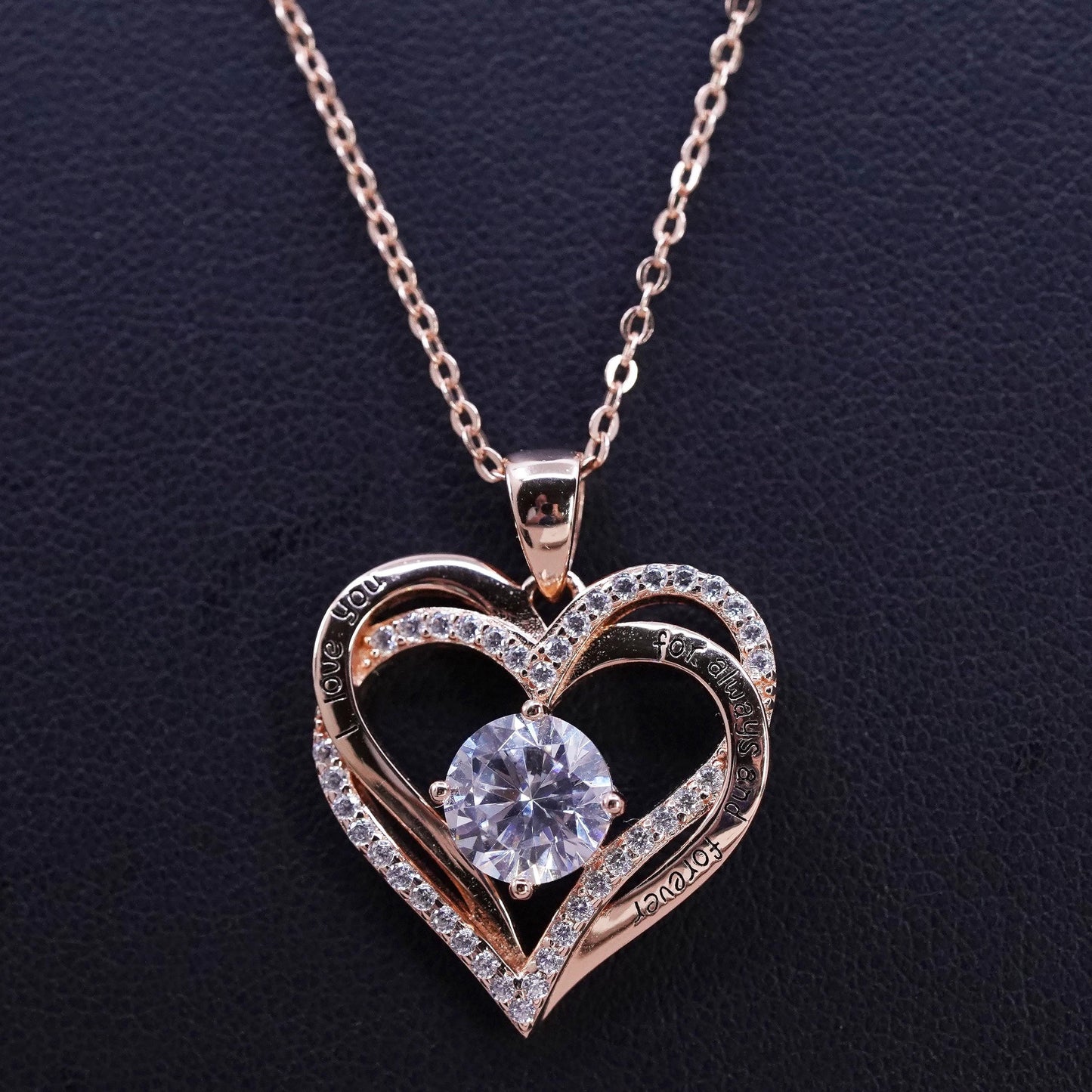 15+3”, gold sterling silver 925 circle necklace cz heart pendant, I love you
