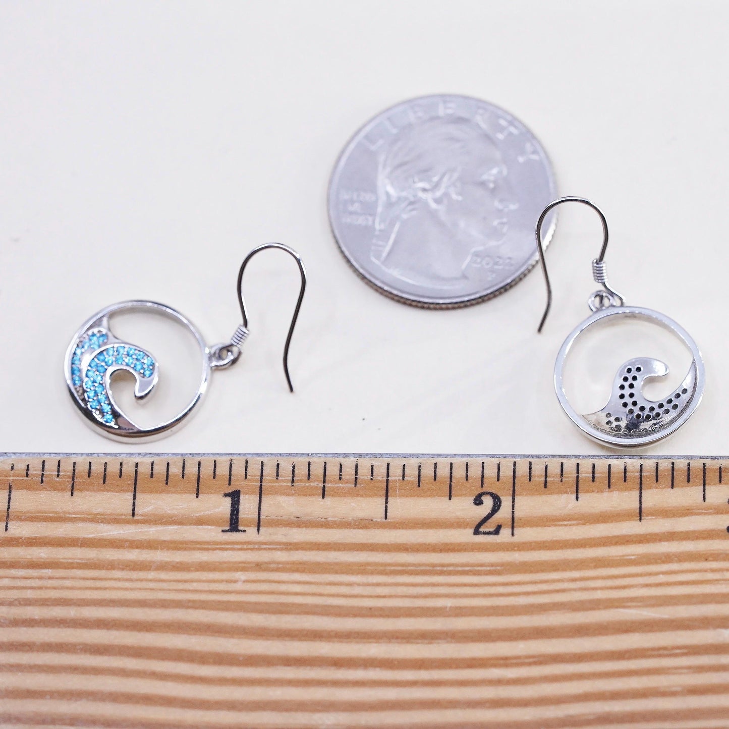 VTG Sterling silver handmade earrings, 925 ocean waves dangles cluster blue cz