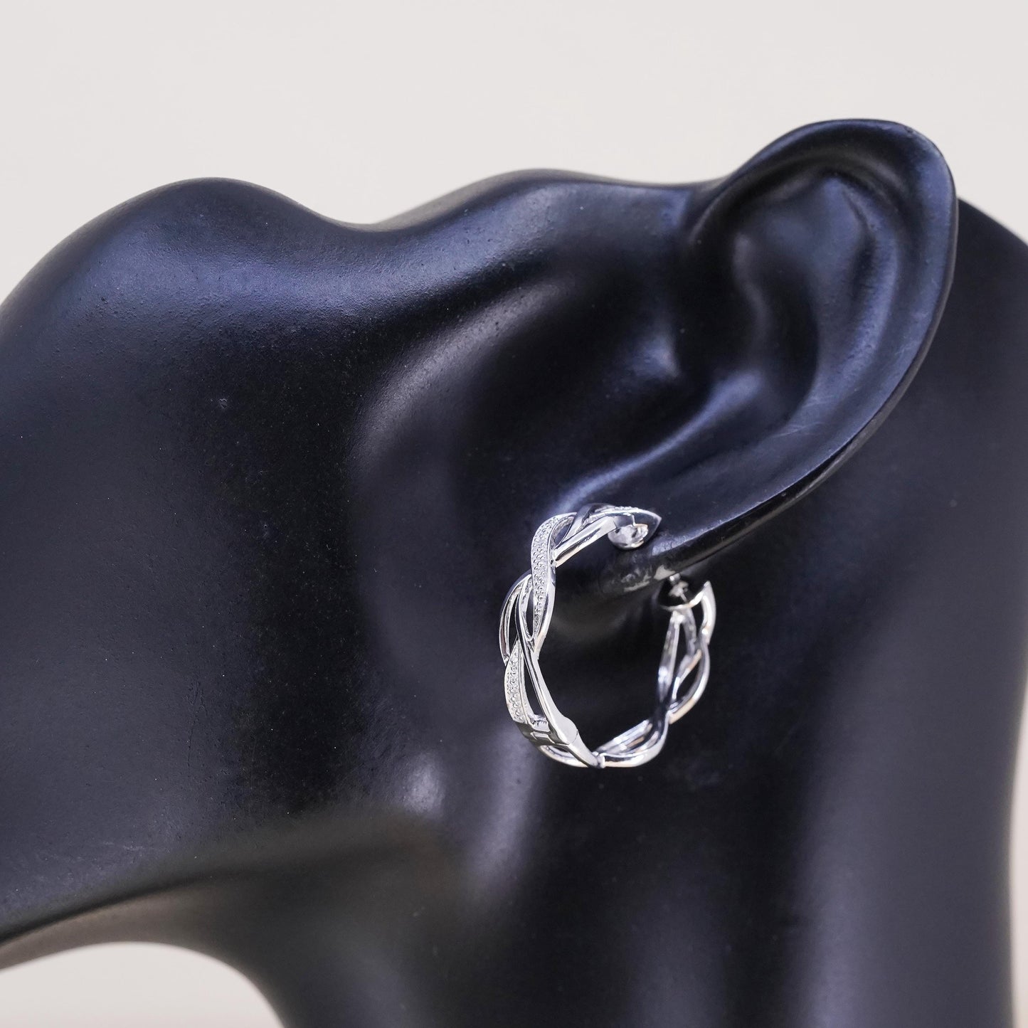 1”, Vintage sterling silver single earring, 925 twisted huggie hoop w/ diamond