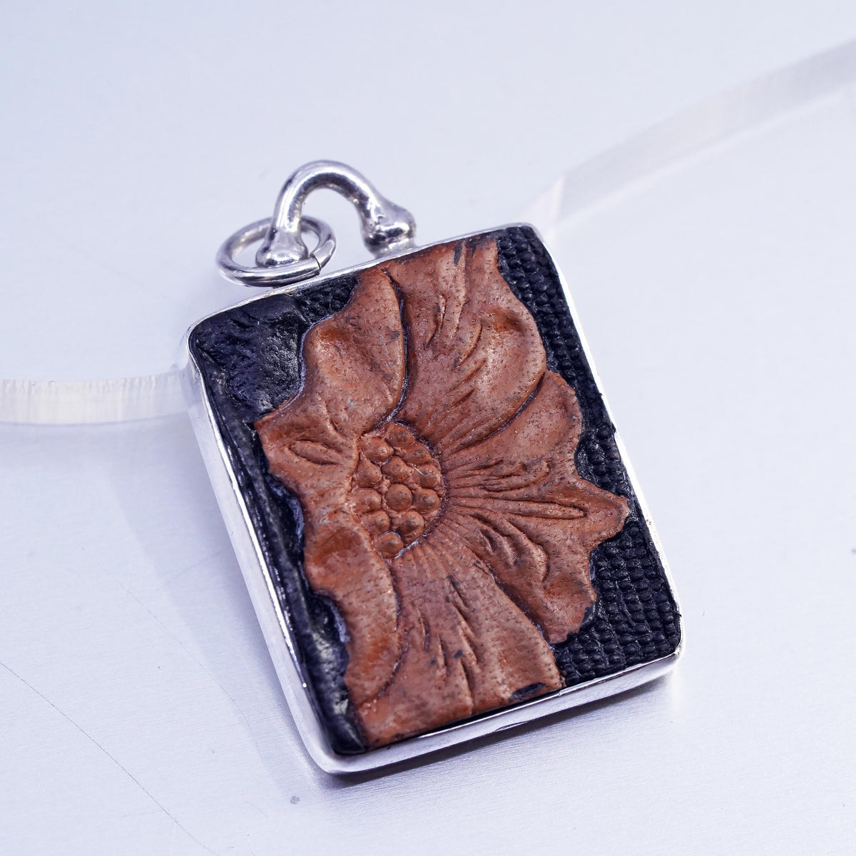 Peyote Bird PB Sterling 925 Silver Carved Leather Flower Pendant, Floral Relief