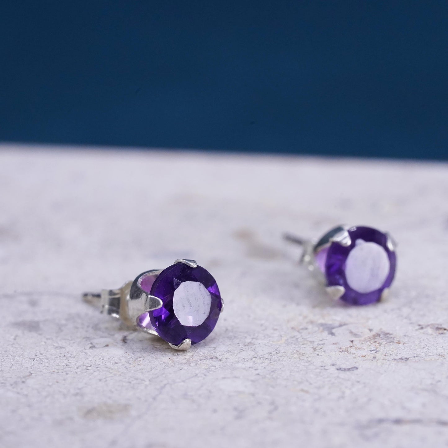 Vintage sterling silver handmade earrings, 925 studs with amethyst