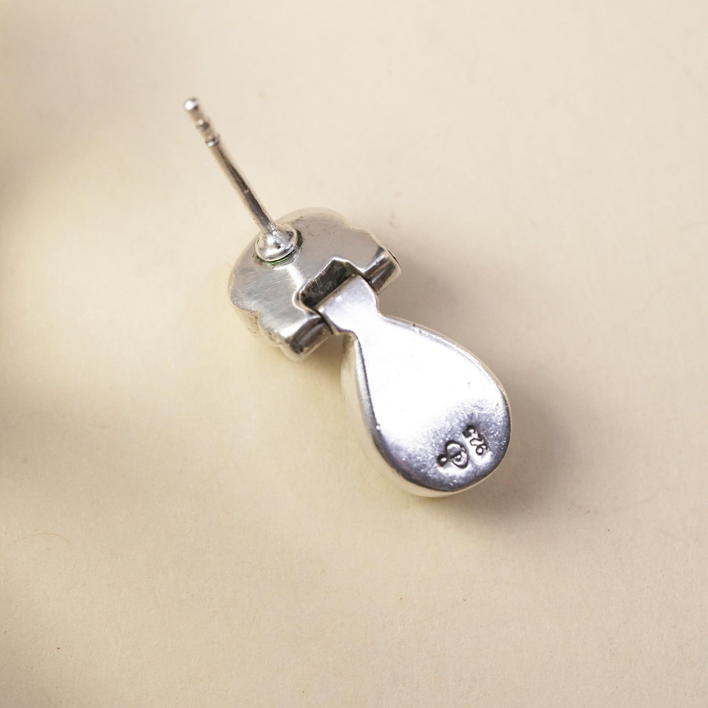 Vintage handmade single earring. Sterling 925 silver teardrop stud with jade
