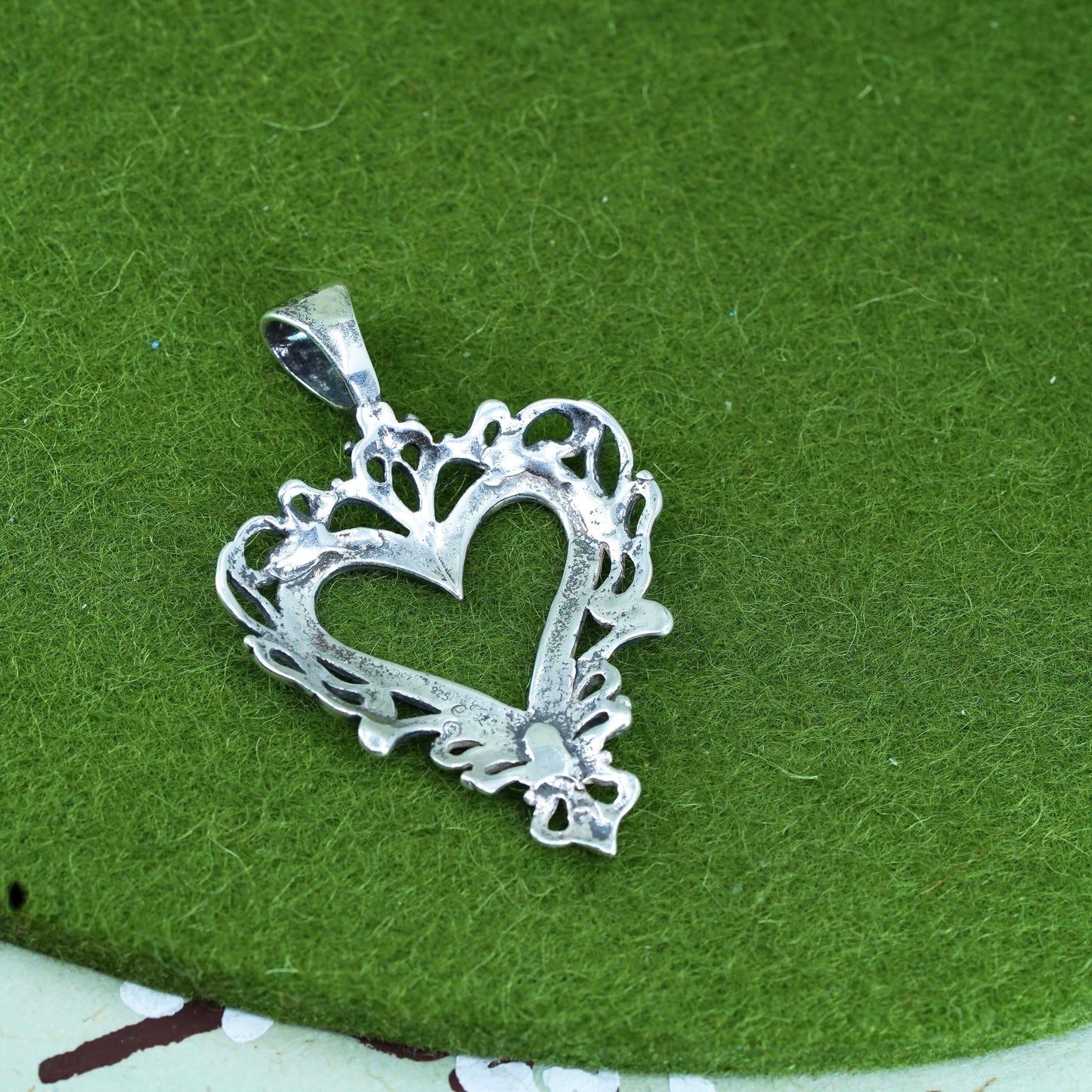 vintage sterling silver handmade pendant, 925 filigree heart charm