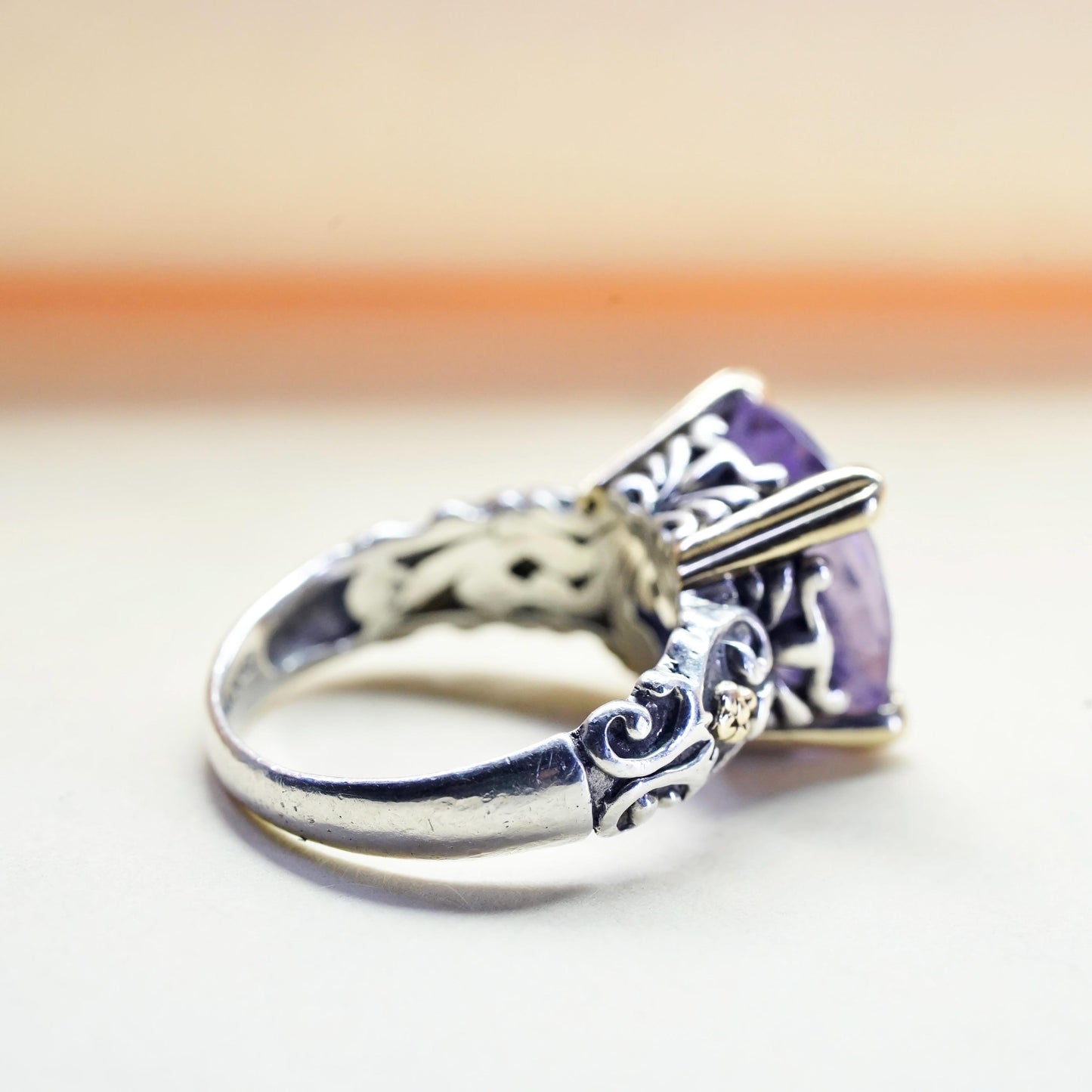 Size 7, two tone Sterling silver textured ring amethyst 14K yellow gold beads