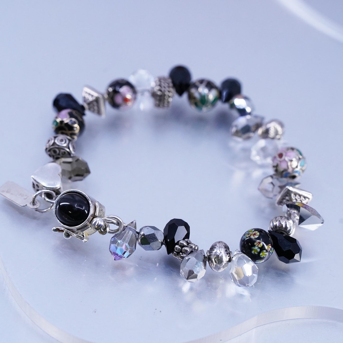 6.5", Vintage Lori B Sterling 925 Silver Bracelet w/ Crystal beads heart charms