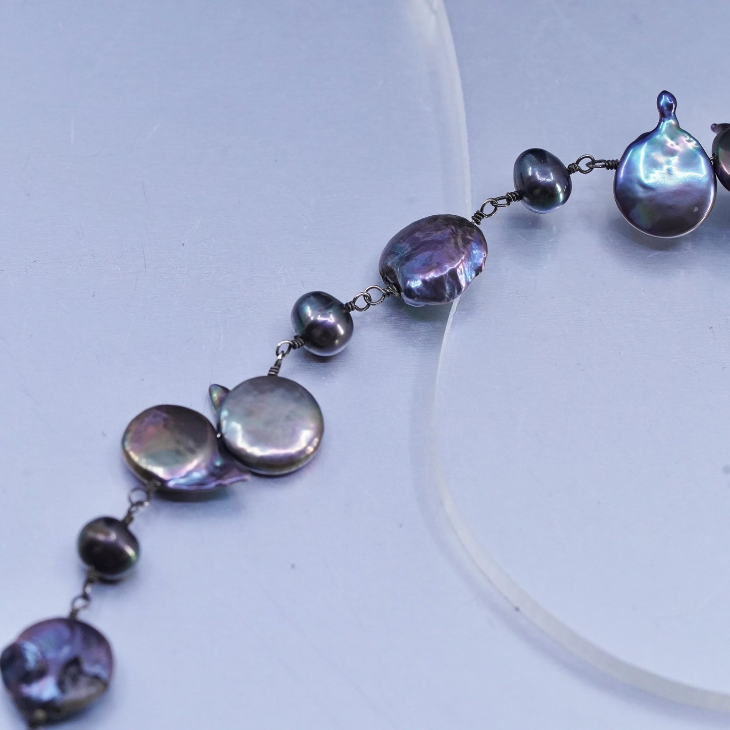 18+2" Vintage Sterling 925 silver handmade necklace black baroque pearl beads