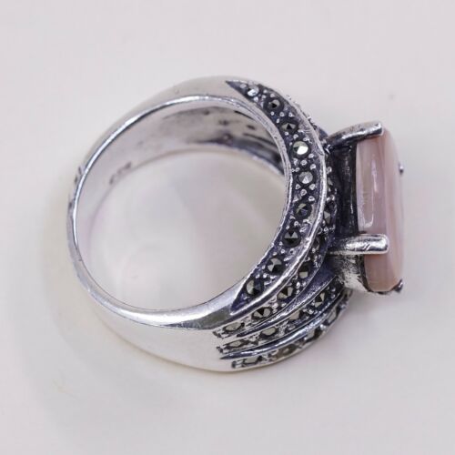Sz 6.75, Vtg Sterling 925 Silver handmade Ring W/ Mother Of Pearl n marcasite
