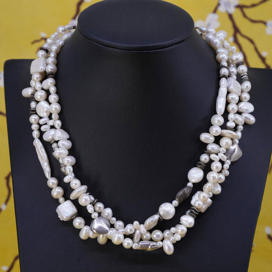 15+1", vintage Sterling 925 silver multi strands cluster pearl chain necklace