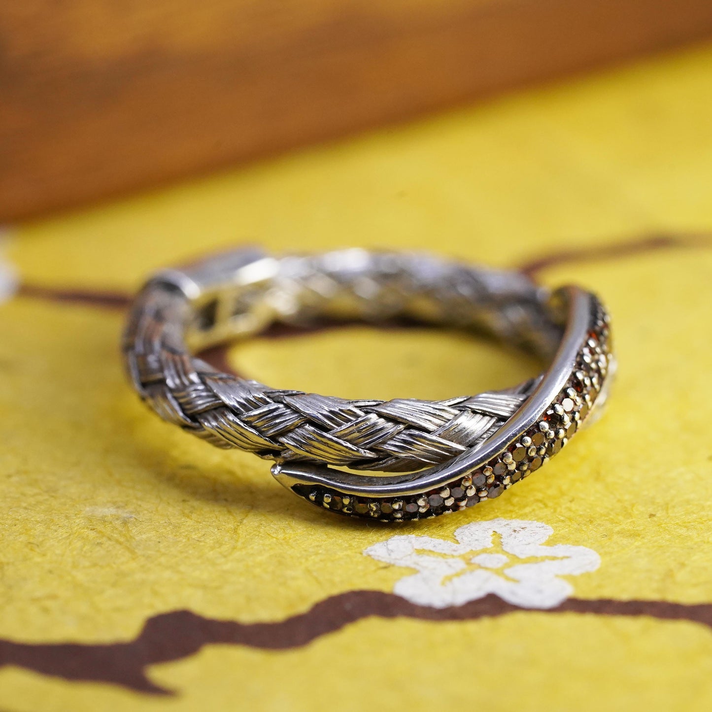 Size 7.5, Designer JS Sterling 925 silver woven braided ring cluster citrine
