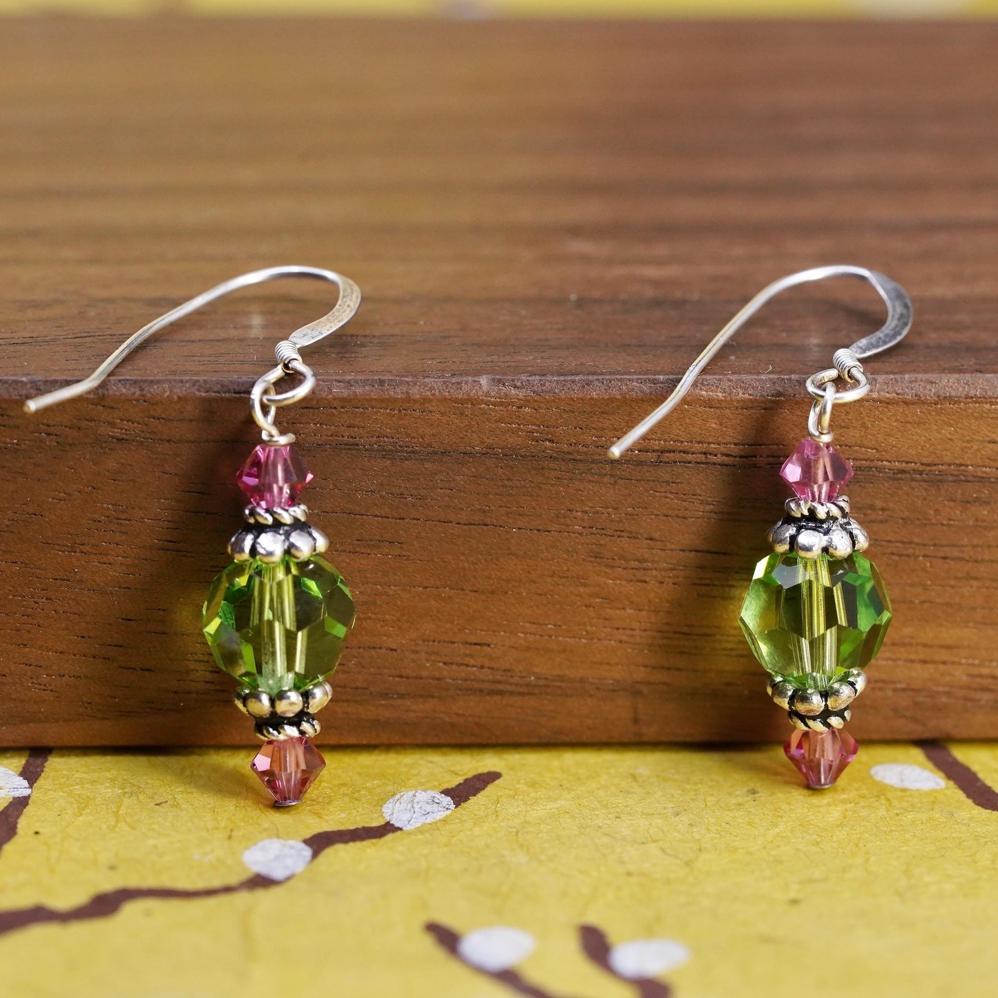 Vintage Sterling silver handmade earrings, 925 hooks with green crystal beads