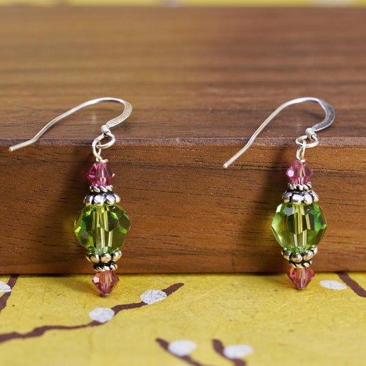 Vintage Sterling silver handmade earrings, 925 hooks with green crystal beads