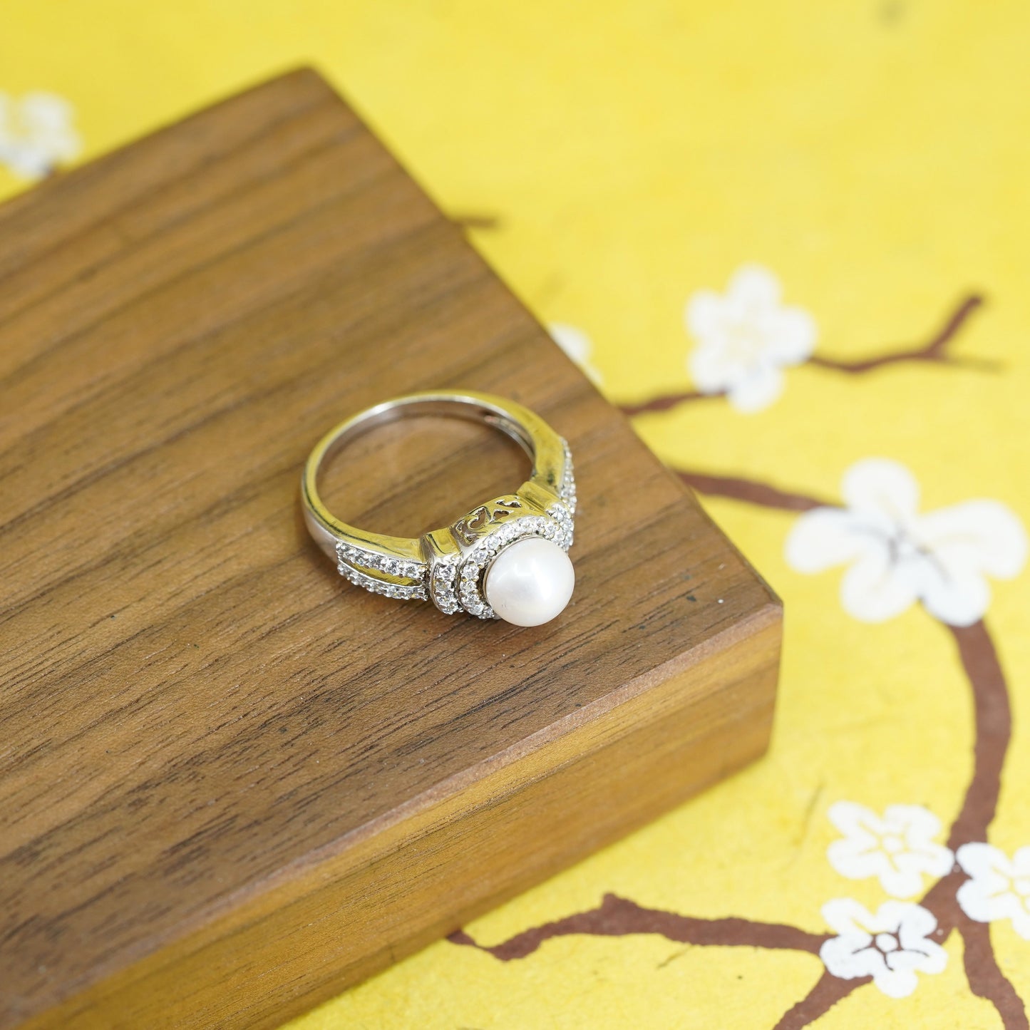 size 7.25, Sterling 925 silver handmade ring, stackable band with cz and pearl