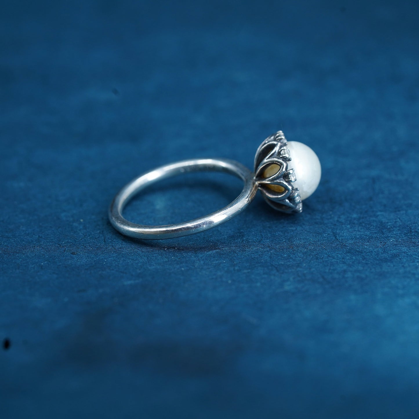 Size 9, vintage ALE sterling silver ring, 925 stackable band pearl and crystal