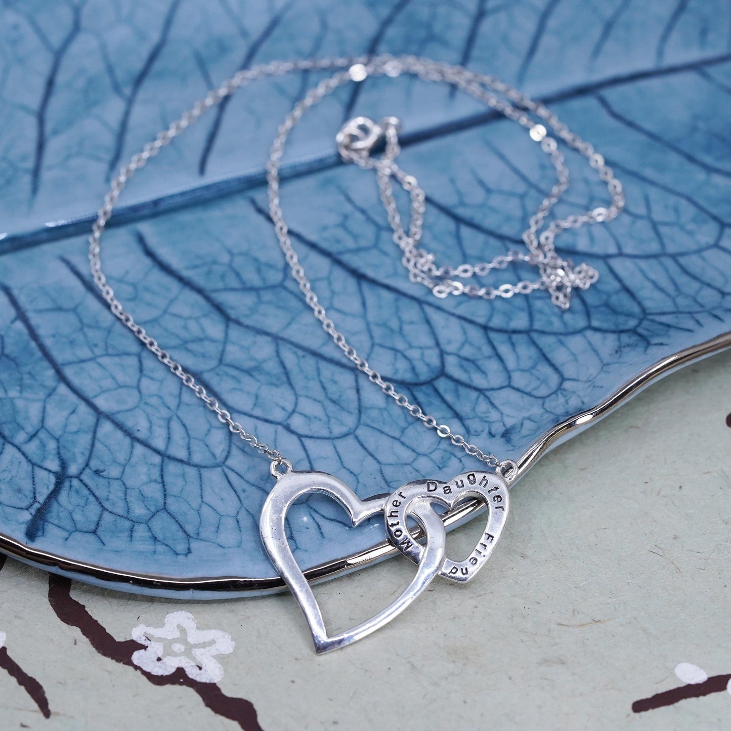 Vintage sterling silver handmade double heart pendant, 925 circle necklace
