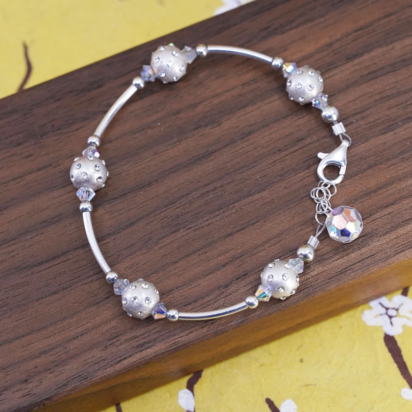 6.5”, Sterling silver beads bracelet, 925 bar chain with pearl crystal beads