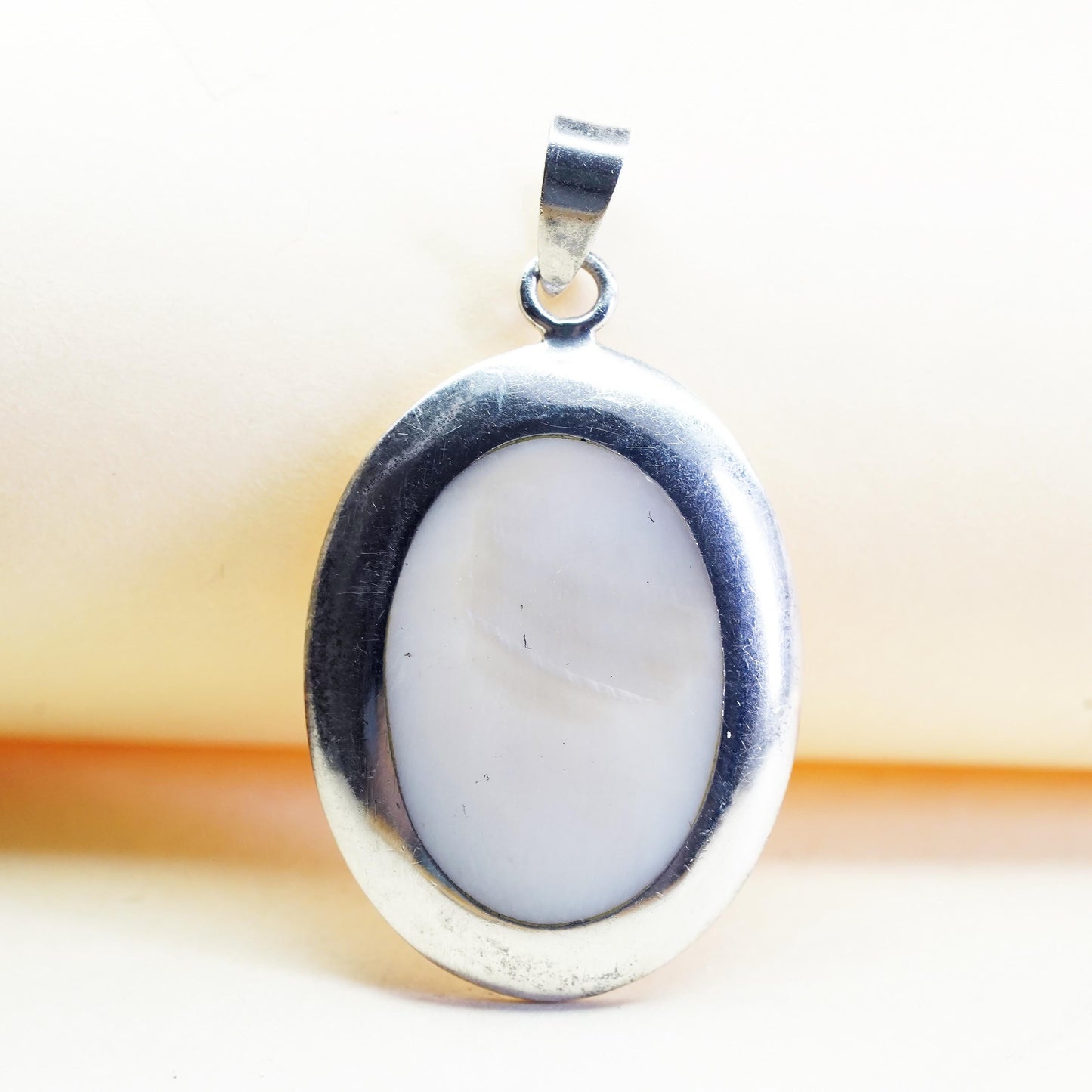 Vintage sterling silver handmade pendant, 925 oval pendant with mother of pearl