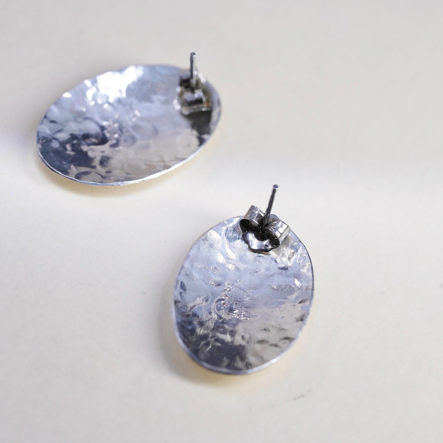 VTG Native American RAINSTAR Sterling silver Hammered earrings, 925 oval studs