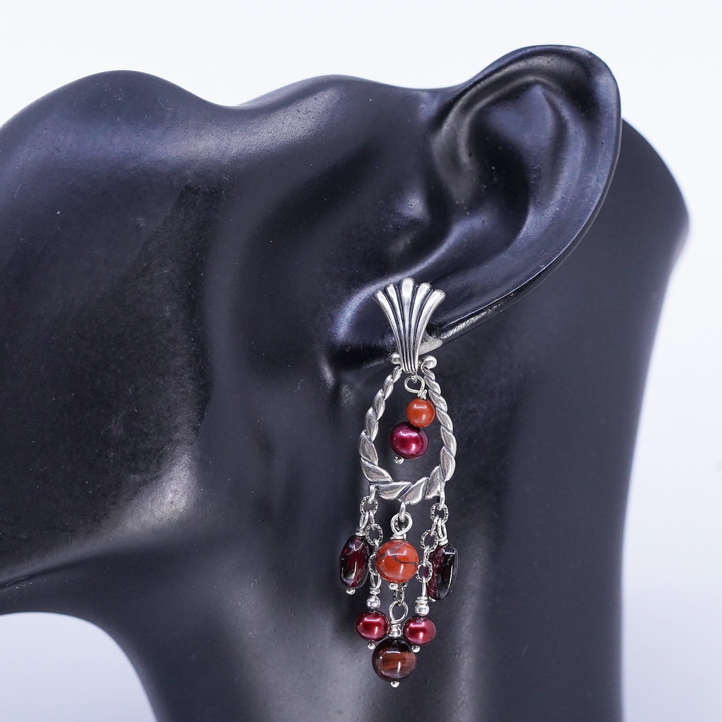 Carolyn Pollack 925 Sterling Silver Garnet Chandelier Earrings, Pearl Dangles