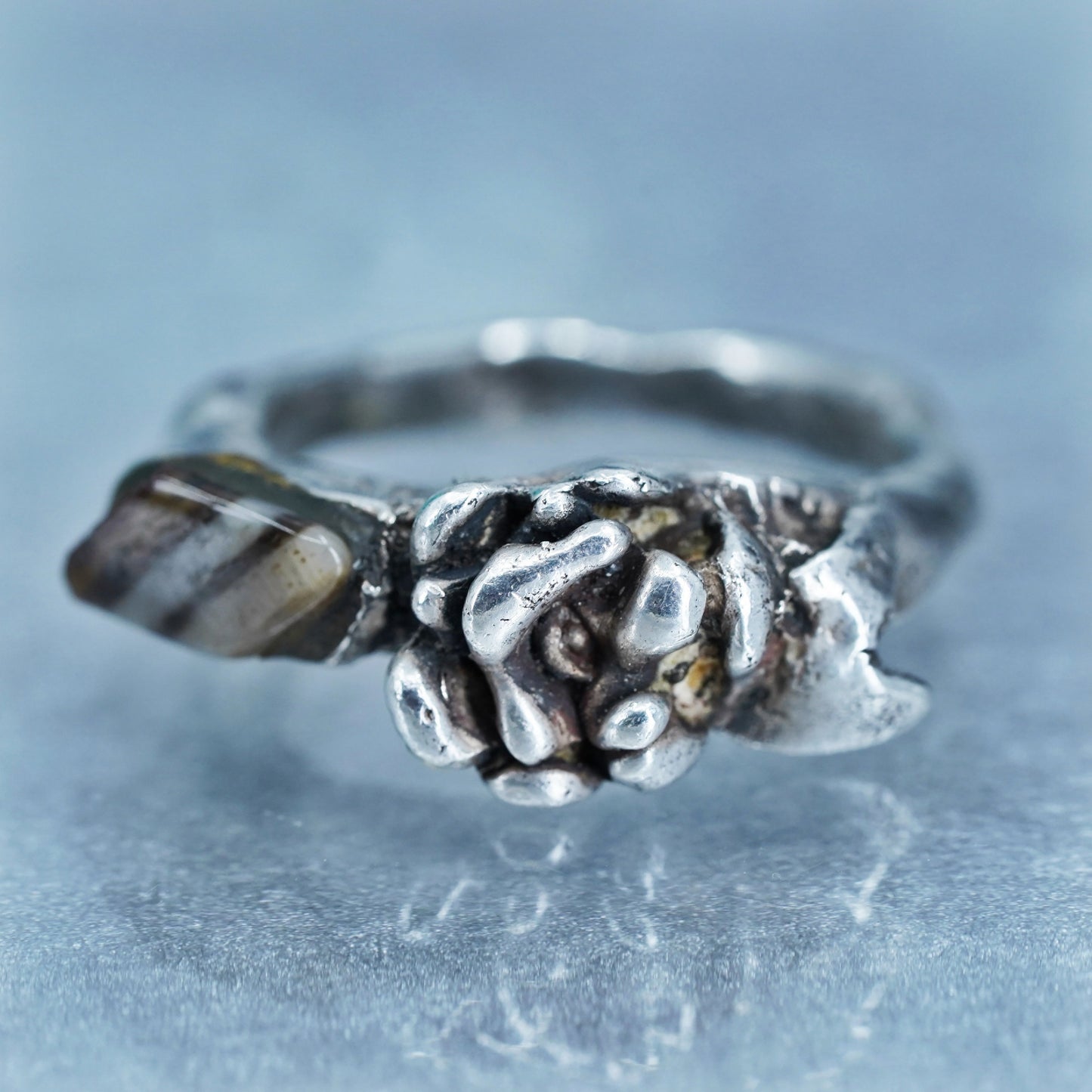Size 7, Native American navajo Sterling 925 silver liquid flower ring agate