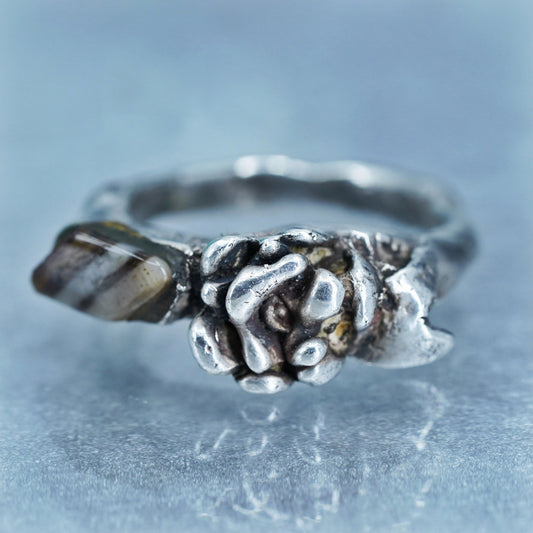 Size 7, Native American navajo Sterling 925 silver liquid flower ring agate