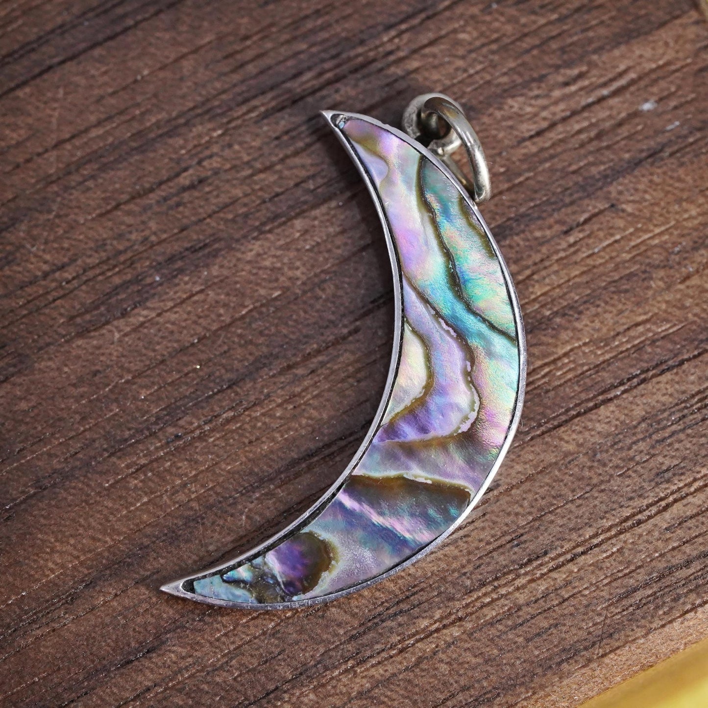 Vintage Sterling 925 silver handmade moon pendant with abalone inlay