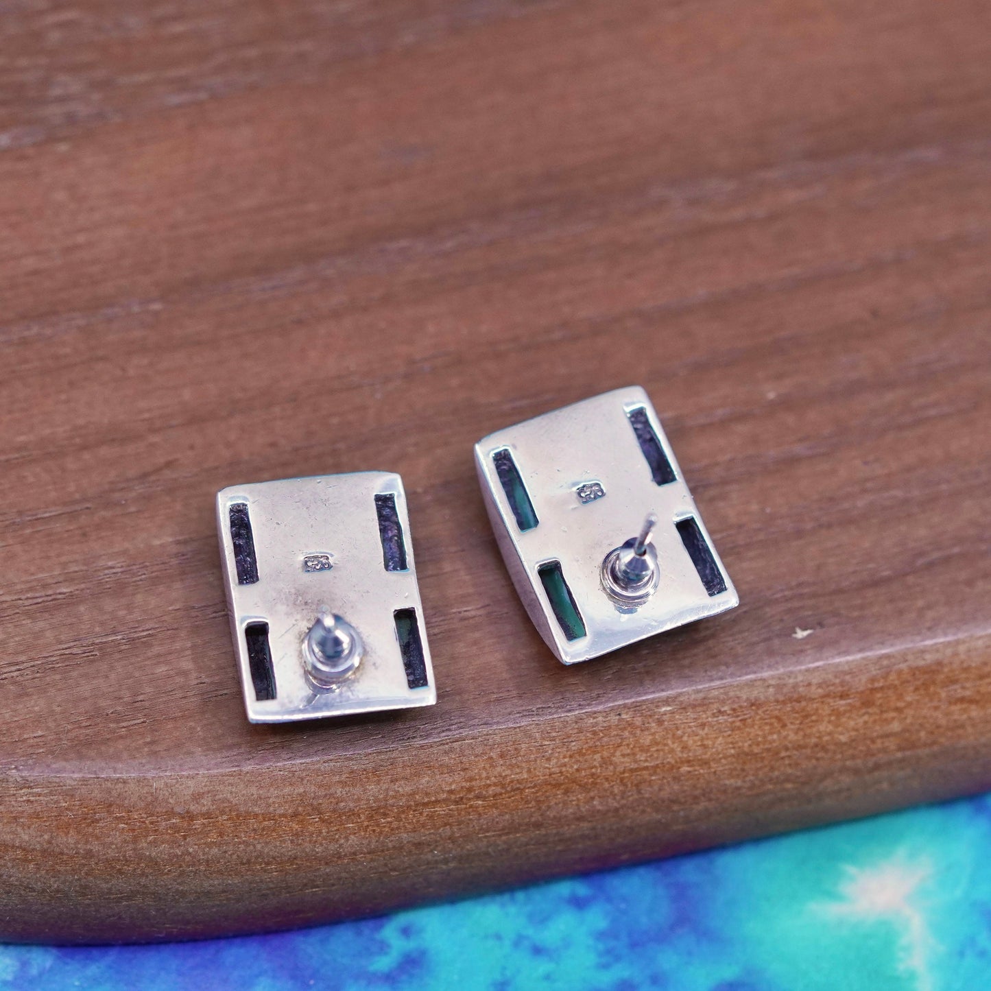 sterling silver handmade earrings, 925 studs with turquoise inlay and marcasite
