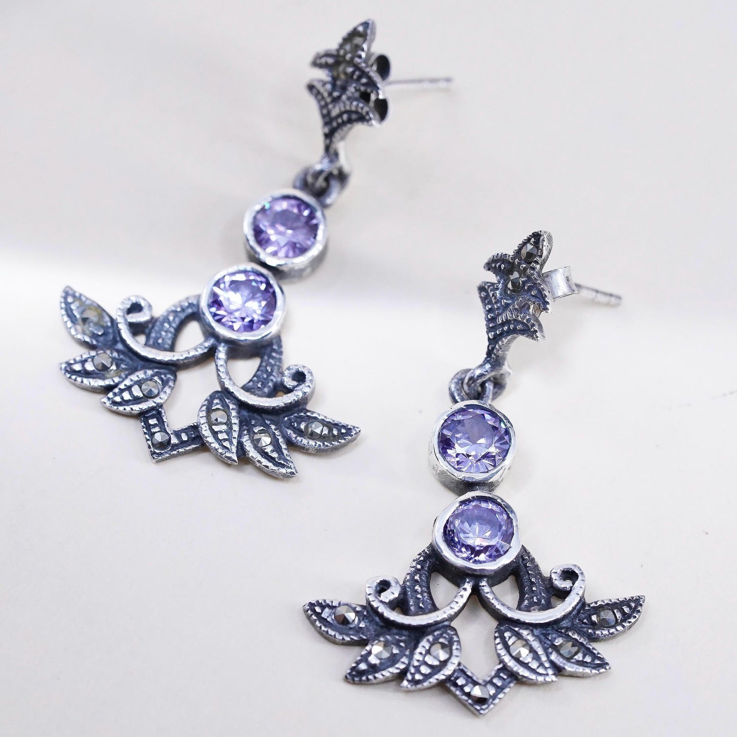 Art Deco 925 sterling silver earrings teardrop amethyst and cluster marcasite