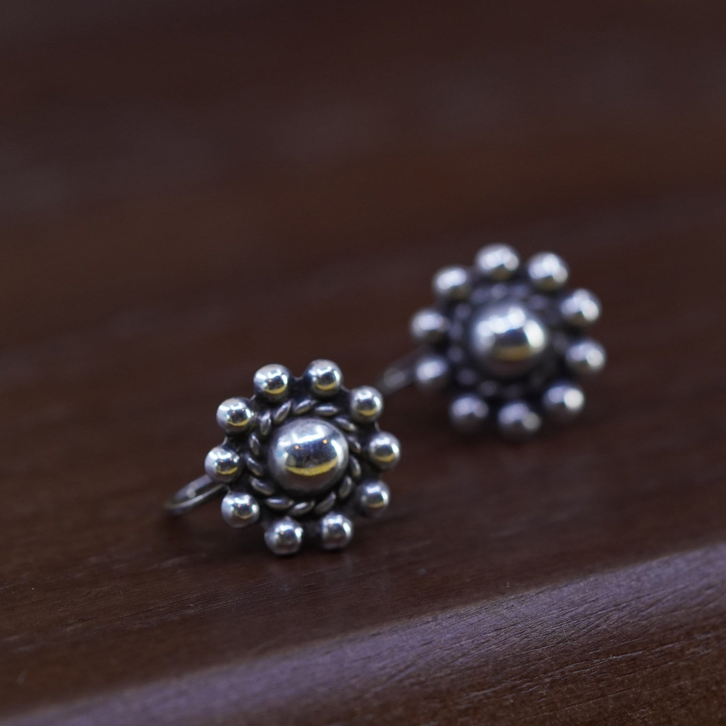Vintage Sterling silver handmade screw back earrings, 925 flower