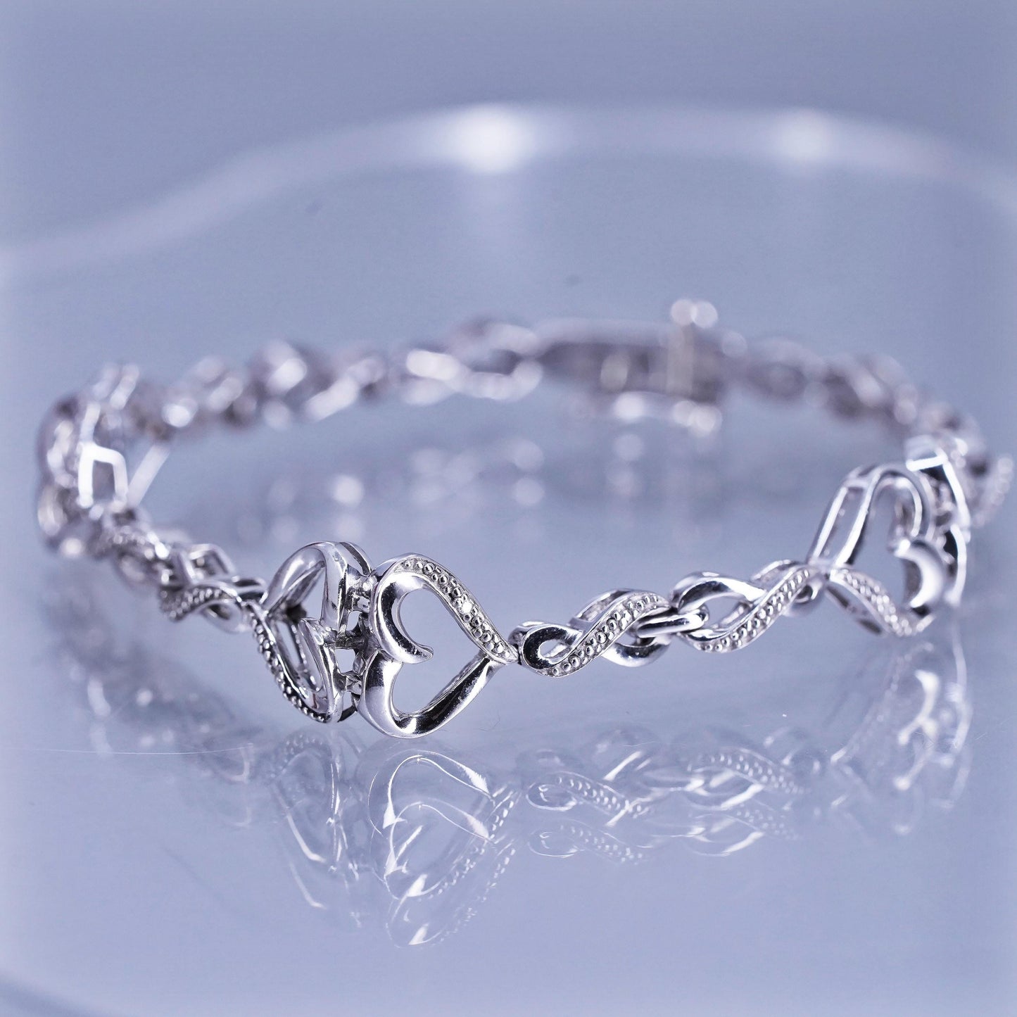 6.75”, Vintage Sterling 925 silver tennis double heart bracelet with diamonds