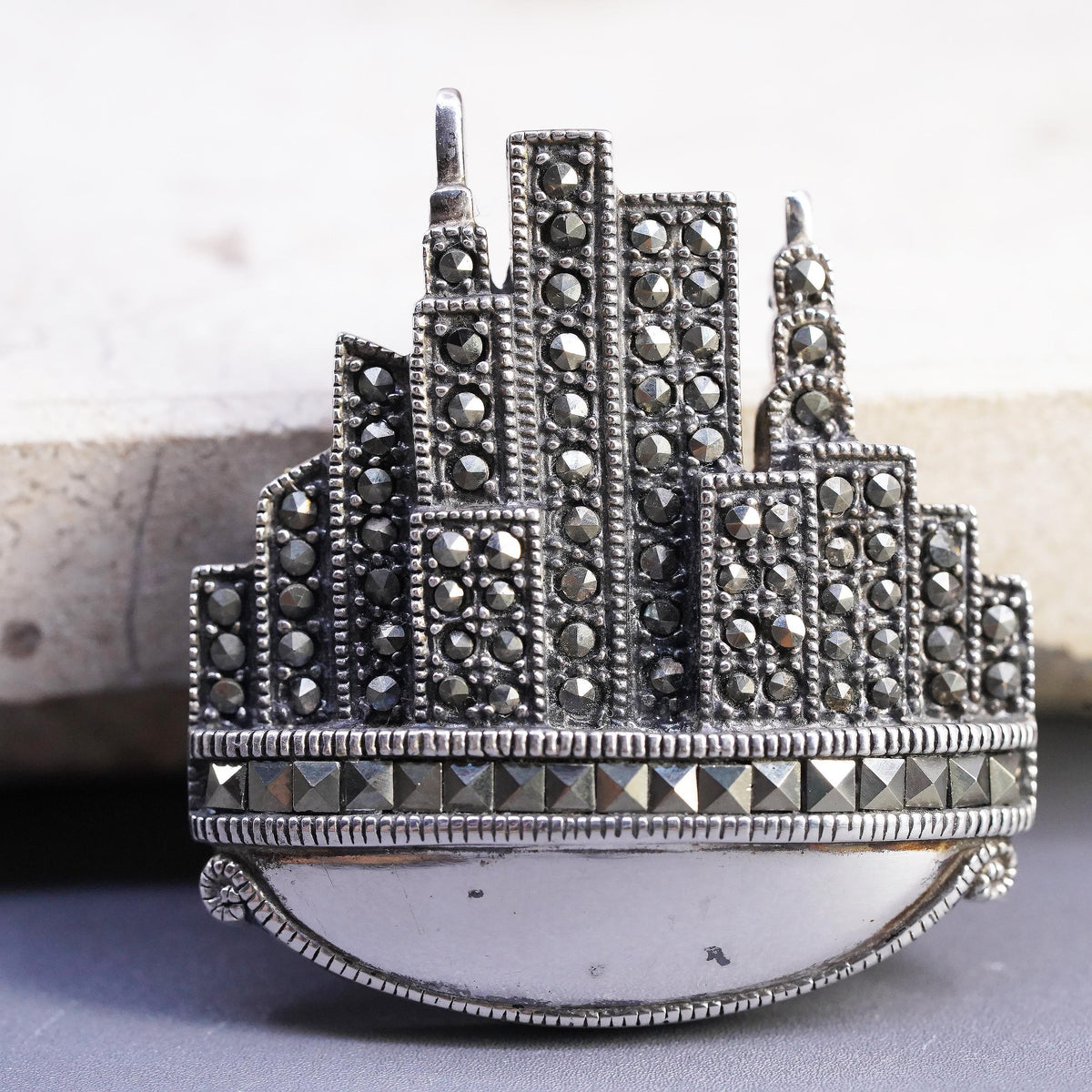 DBJ Sterling 925 Silver Marcasite Art Deco New York City Skyline Brooch Pendant